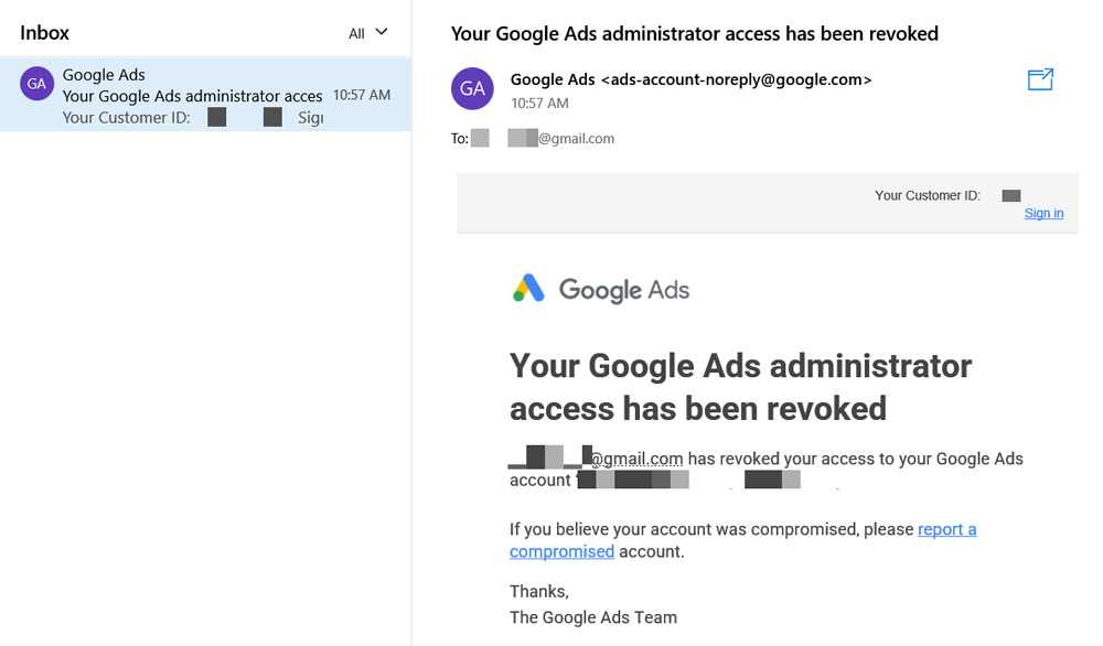 Sau vài giây, một email thông báo sẽ gửi đến bạn với nội dung "Quyền truy cập vào tài khoản GG Ads đã được thu hồi.